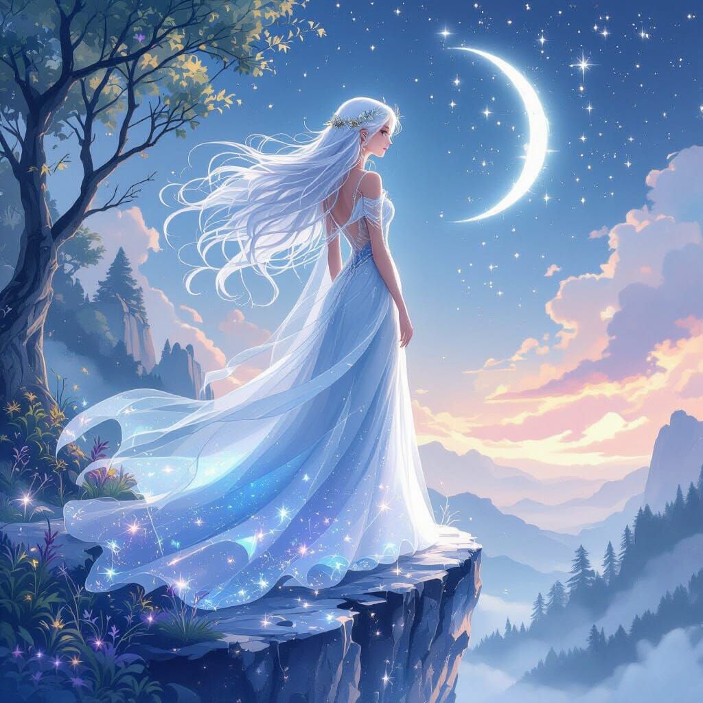 Ethereal Princess on Crystal Cliff in Watercolor Style