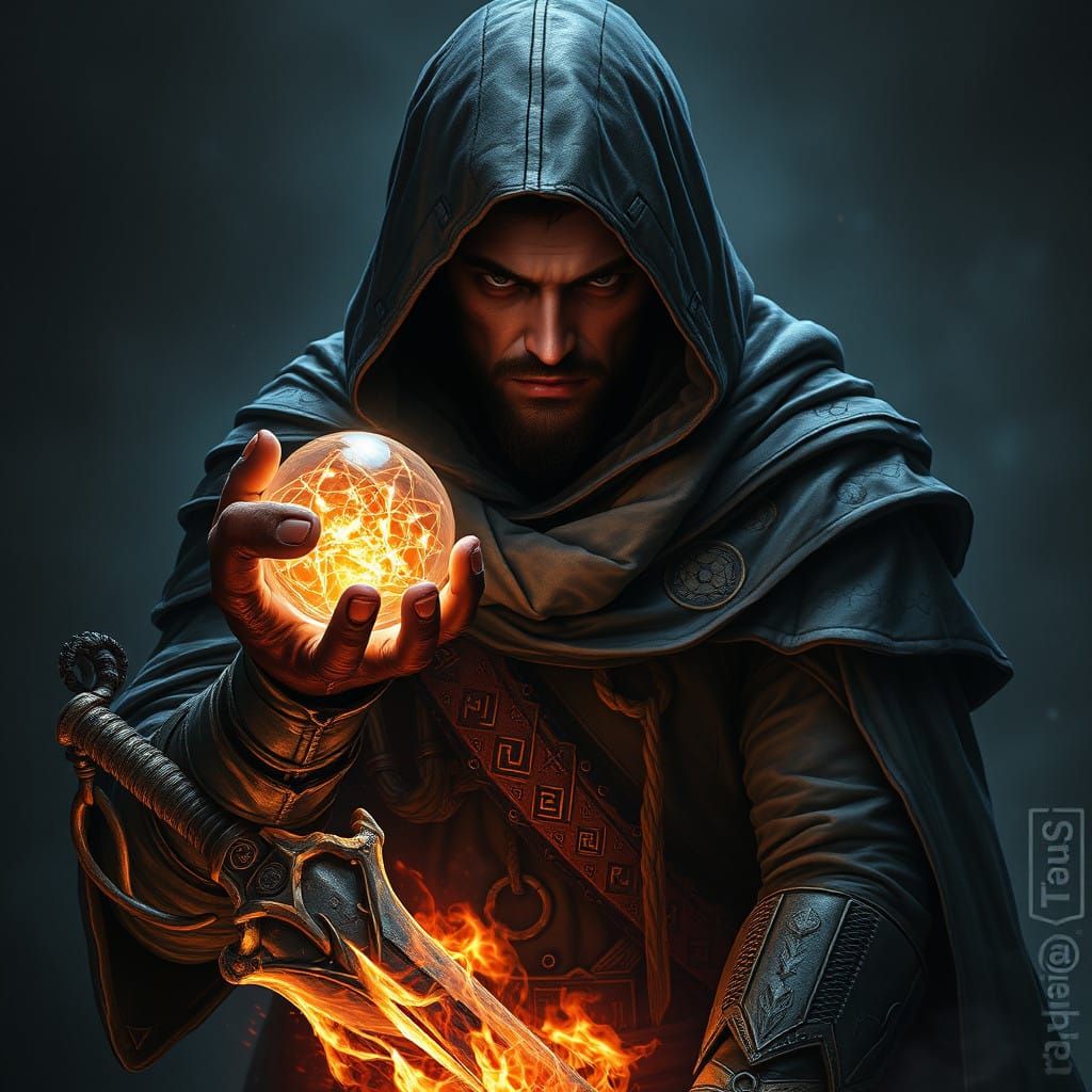 Warrior in Hooded Cloak Holds Radiant Orb and Sword, Fantasy...