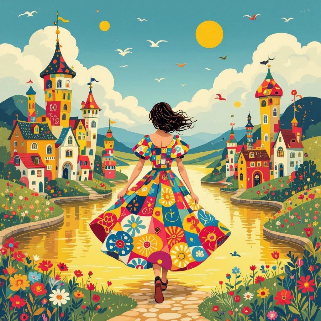 Woman in Hundertwasser-Style Landscape with Floating Houses