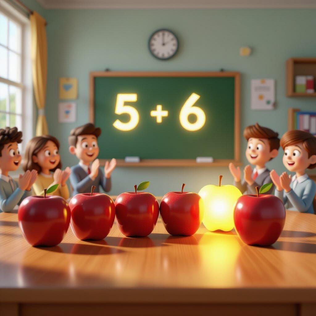 Vibrant 3D Classroom Scene with Apples and Cheering Characte...