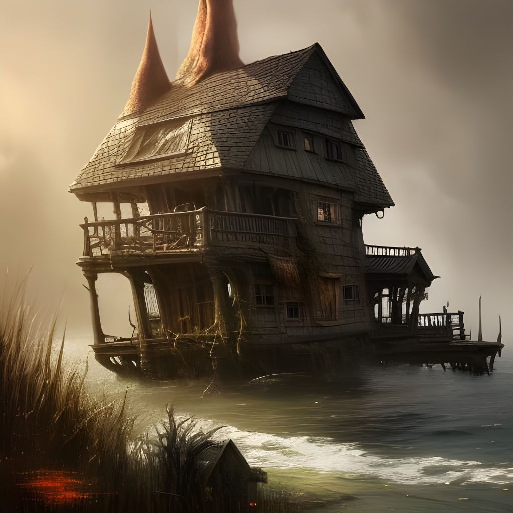 Detailed Witch House by the Shore in Triadic Colors