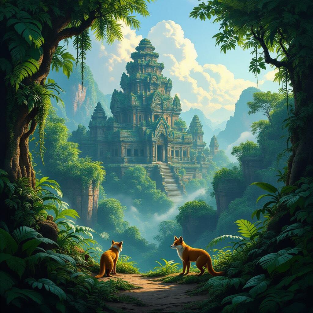 Lush Jungle Landscape with Hidden Temple
