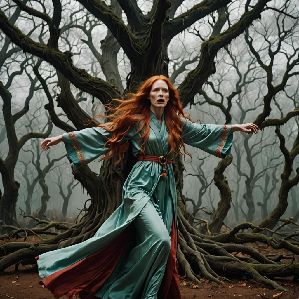 Girl Dances for Tree Spirit in Wes Anderson Style