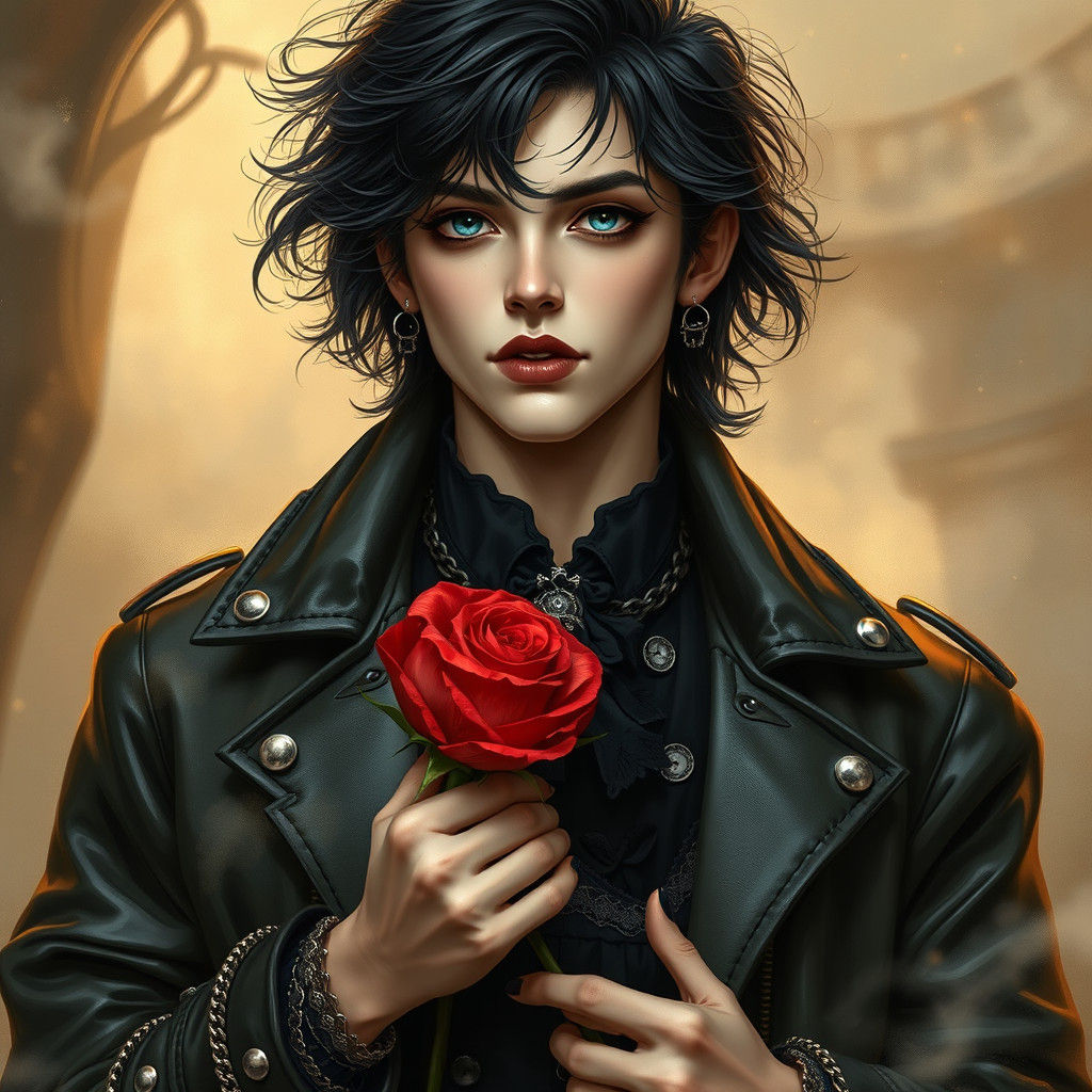 Melancholic Gothic Youth Clutches Wilted Rose in Whimsical D...