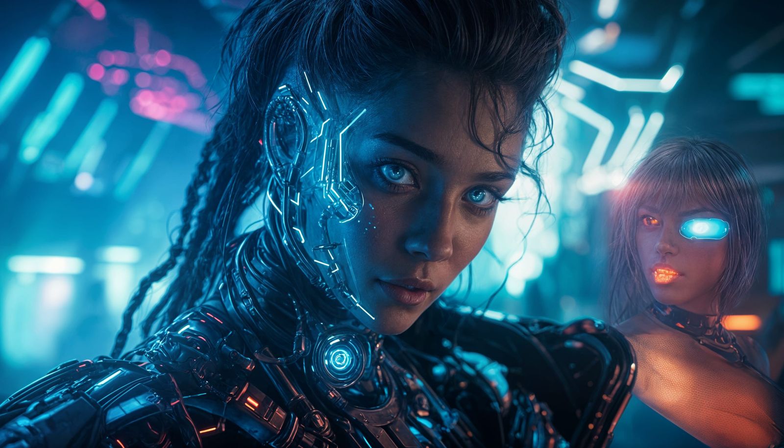 Female Cyborg in Glowpunk Nightclub with Cinematic Lighting