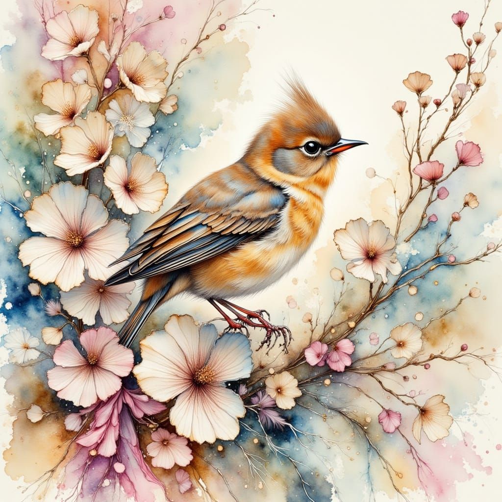 Bird in White Flowers, Impressionist Style