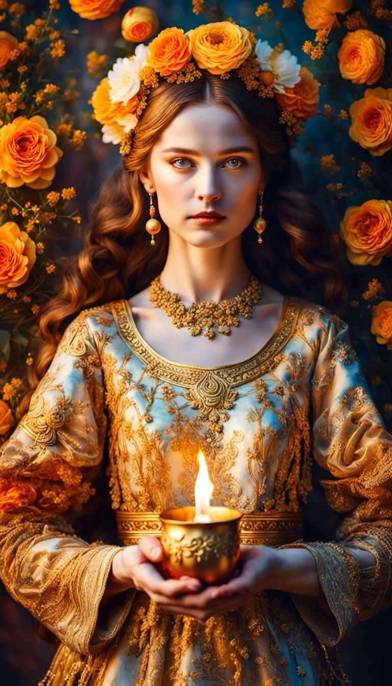 Ostara, Goddess of Easter, Holds Flame