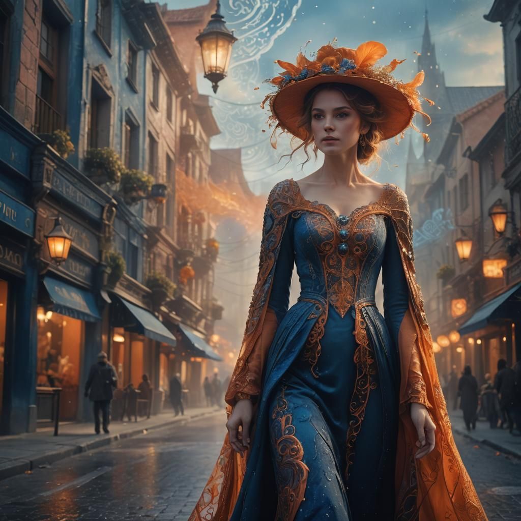 Elegant Woman in Dreamlike Street: Fantasy Concept Art