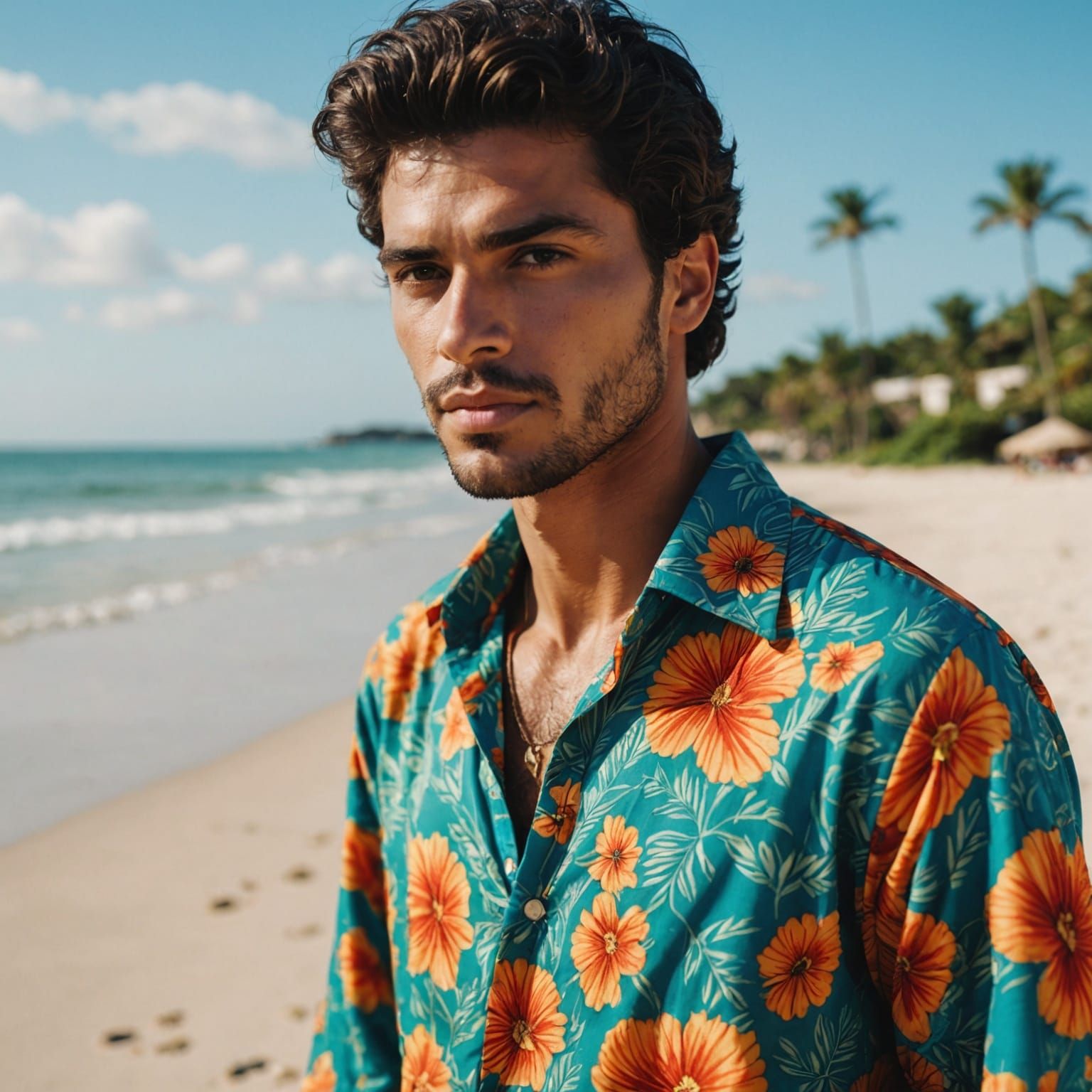 Brazilian Male Model Poses on Beach in Summer Outfit