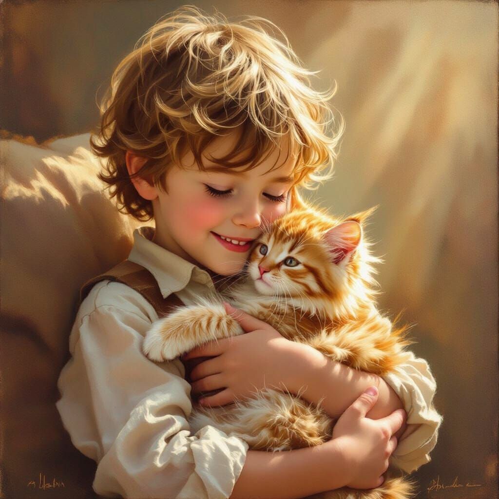 Boy and Cat in Sunlight, Painterly Style