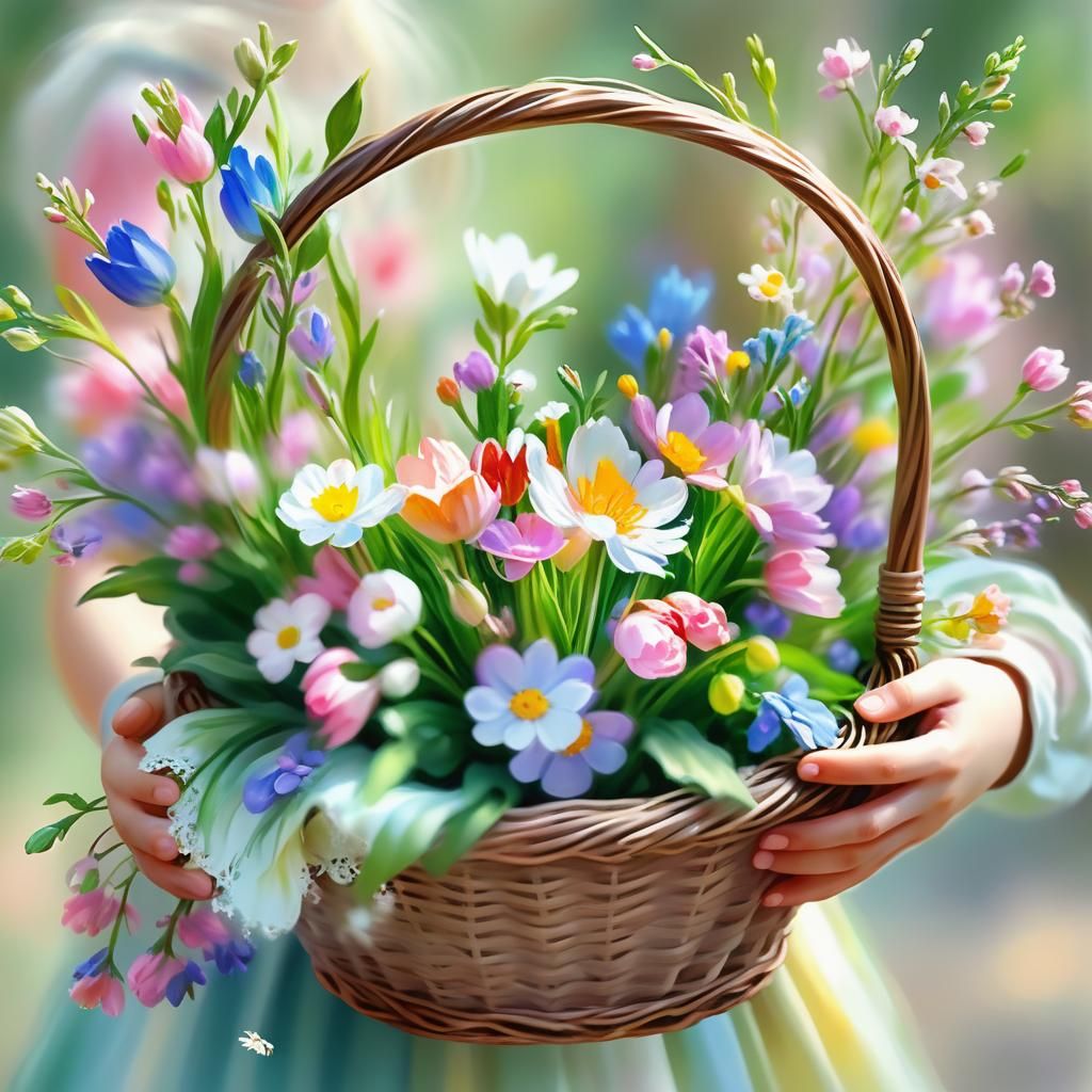 Spring Flower Basket in Impressionist Style