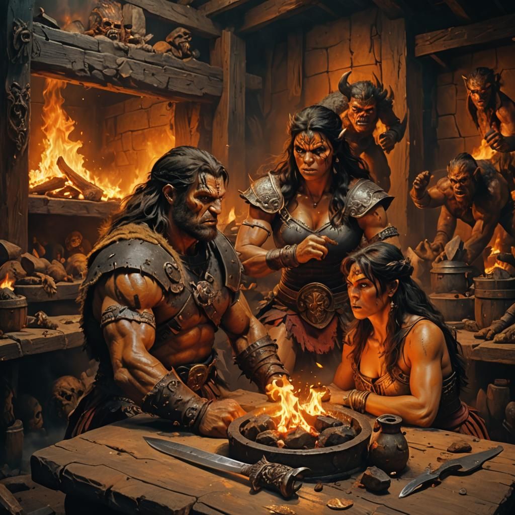 Barbarian and Amazon Fight Orc in Dark Fantasy Art