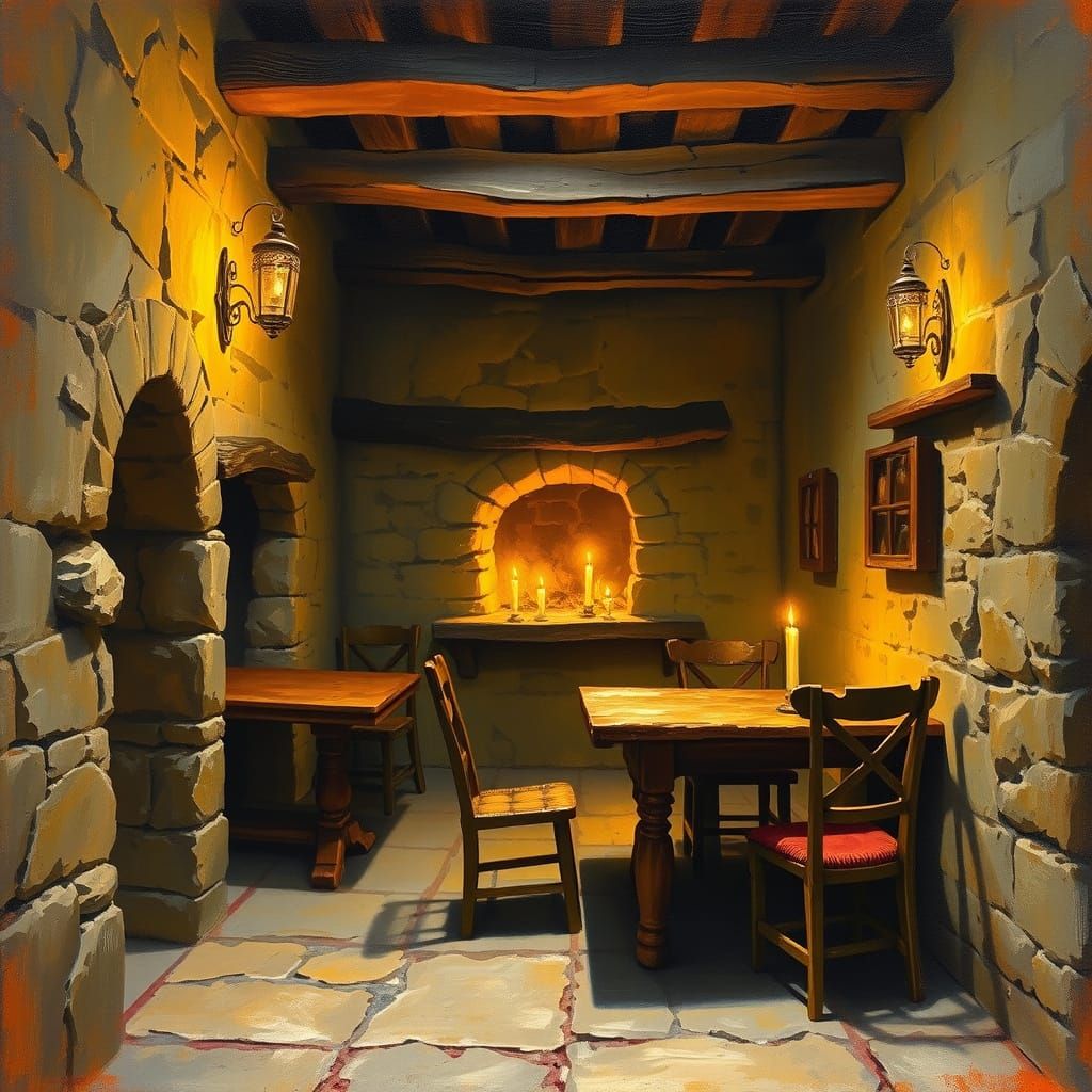 Intimate Medieval Tavern Scene in Warm Golden Light