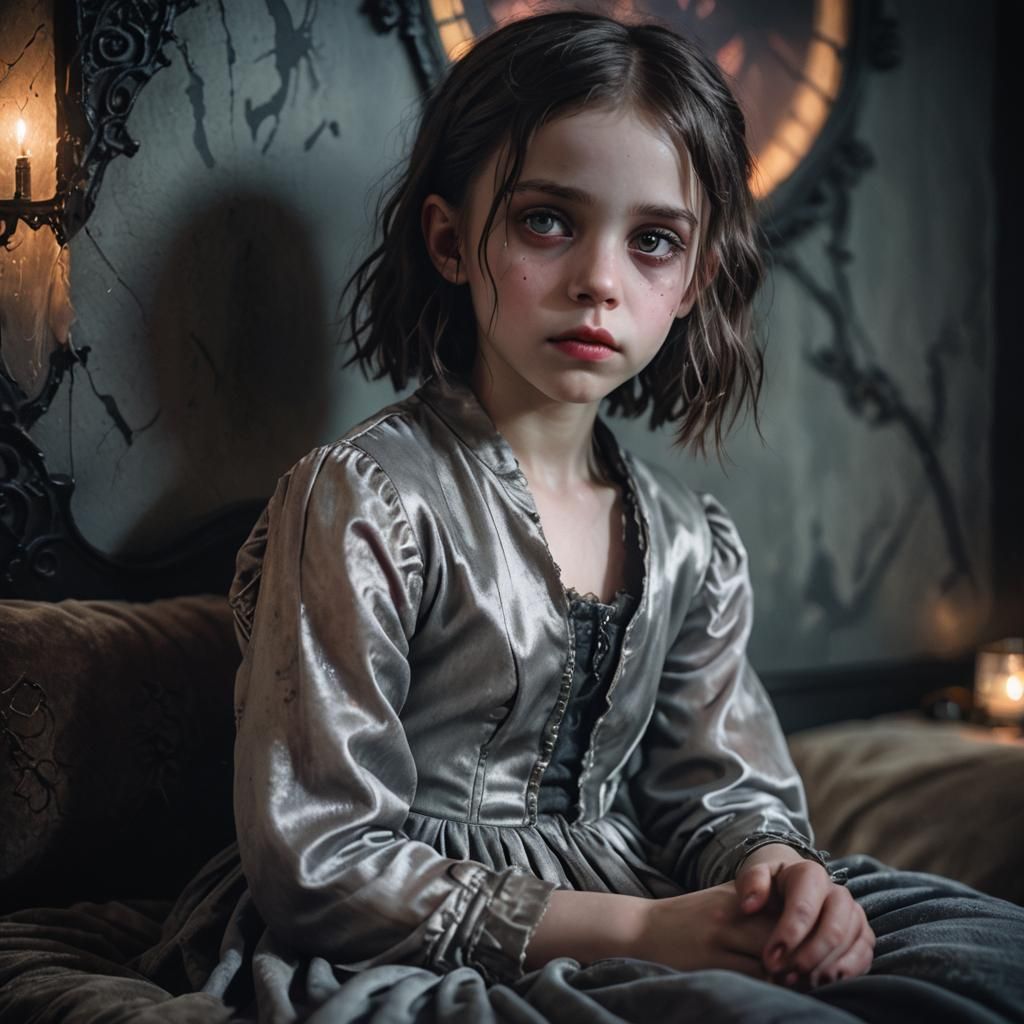 Hyper-realistic portrait photography. A beautiful gothic child on a tattered bed. Soft focus. Ethereal, mystical atmosph...
