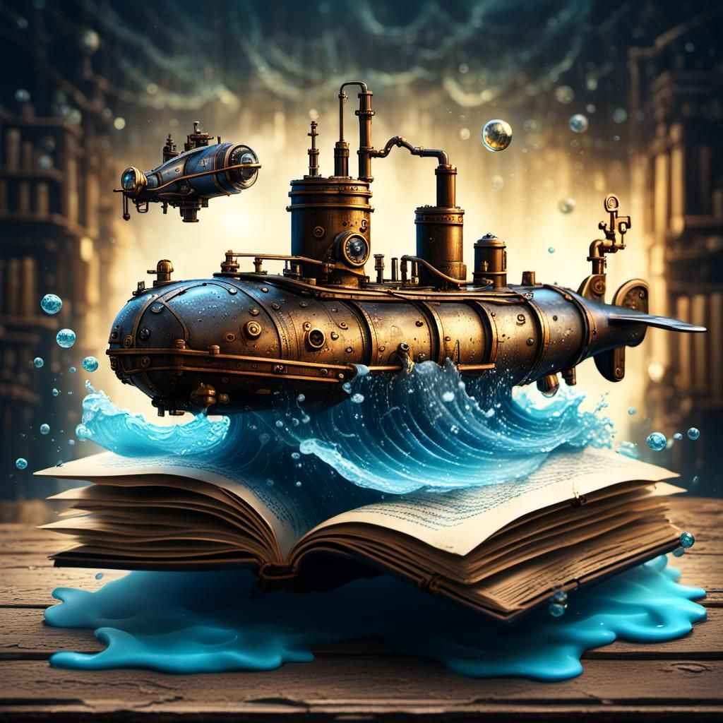 Steampunk Submarine Illustration on Book Pages