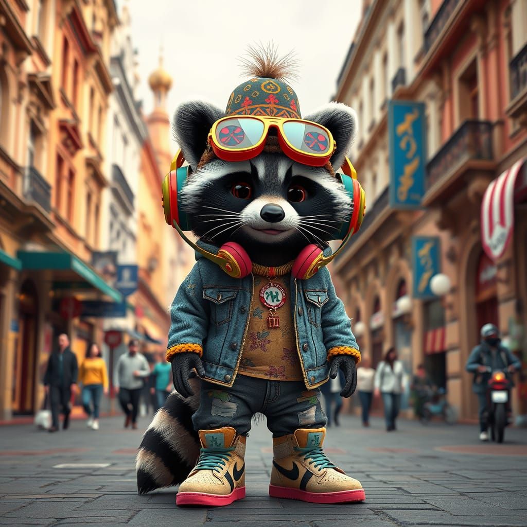 Raccoon in Urban Streetwear, Inspired by Childhood Arcadias