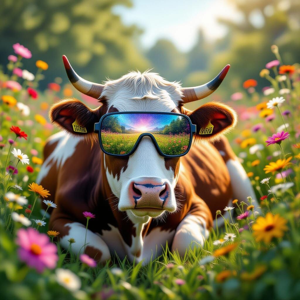 Cosmic Cow in Vibrant Flower Garden