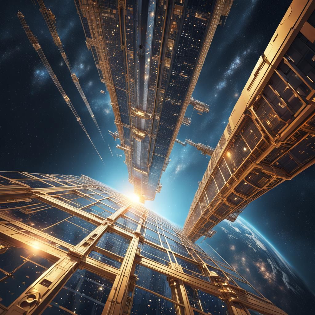 Gigantic Space Elevator in Mackintosh Style, 3D Render