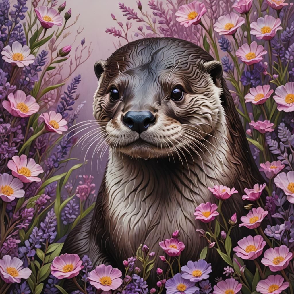 Otter Covered in Pink and Purple Flowers