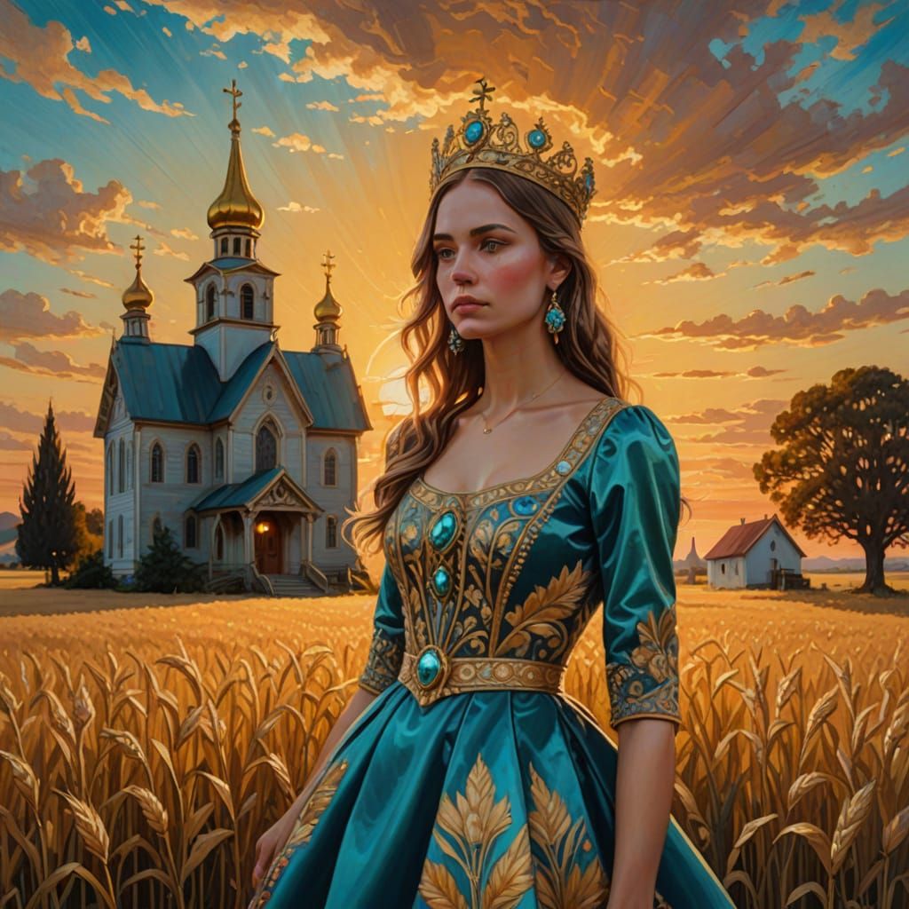 Young Woman in Golden Field at Sunset Oil Painting