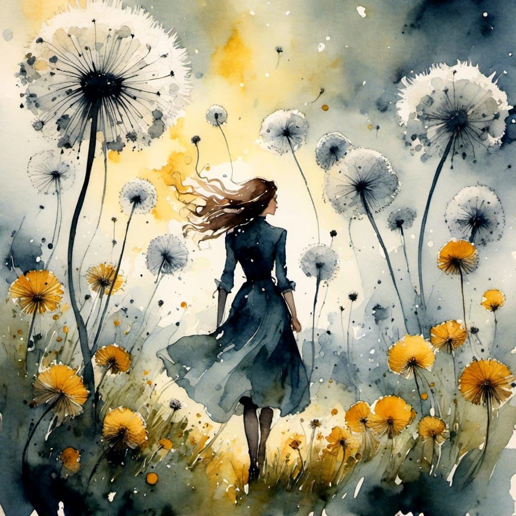 Giant Dandelions Field at Night in Watercolor