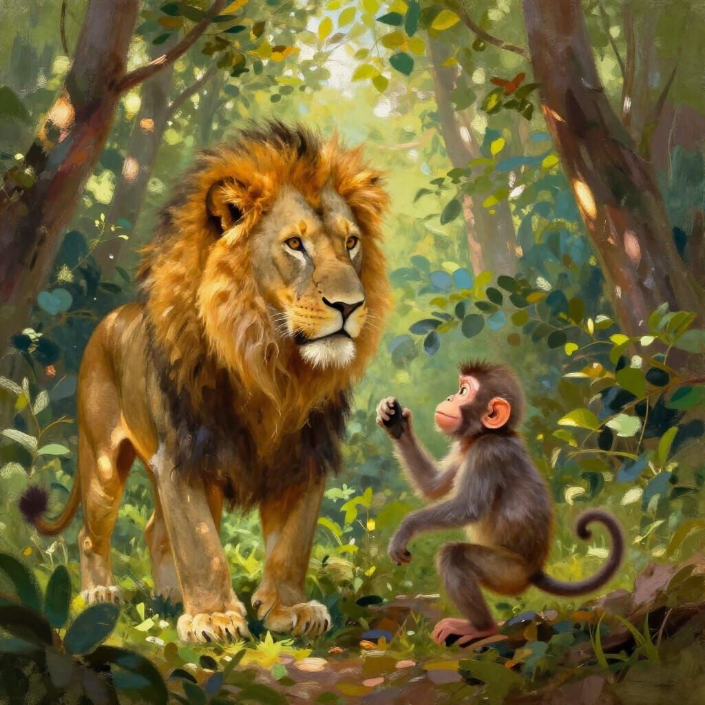 Lion and Monkey in Enchanted Forest Sunlight