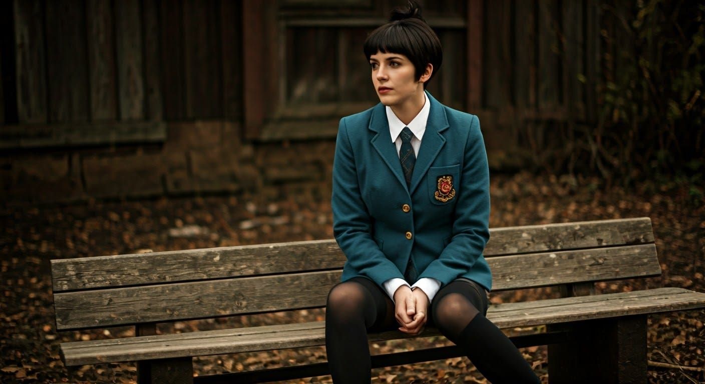 Elegant Woman in Rustic Setting, circa 1970s Photorealistic....