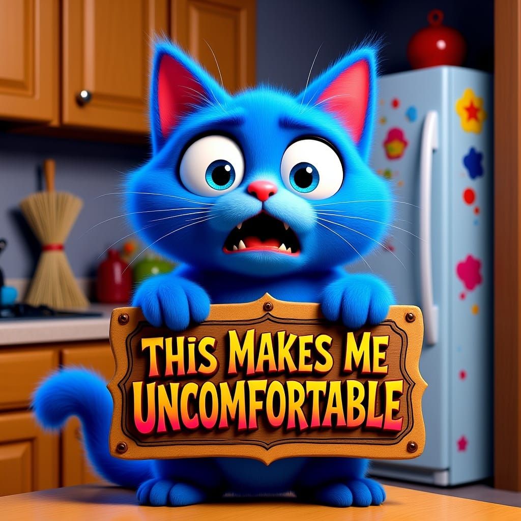 Blue Cat Expresses Discomfort in Cartoon Kitchen