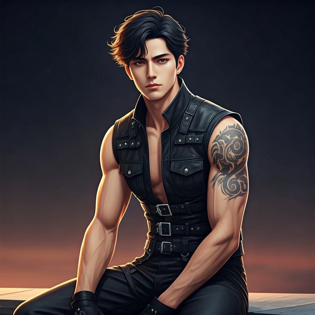 Manga-Inspired Young Rebel on Rooftop Edge