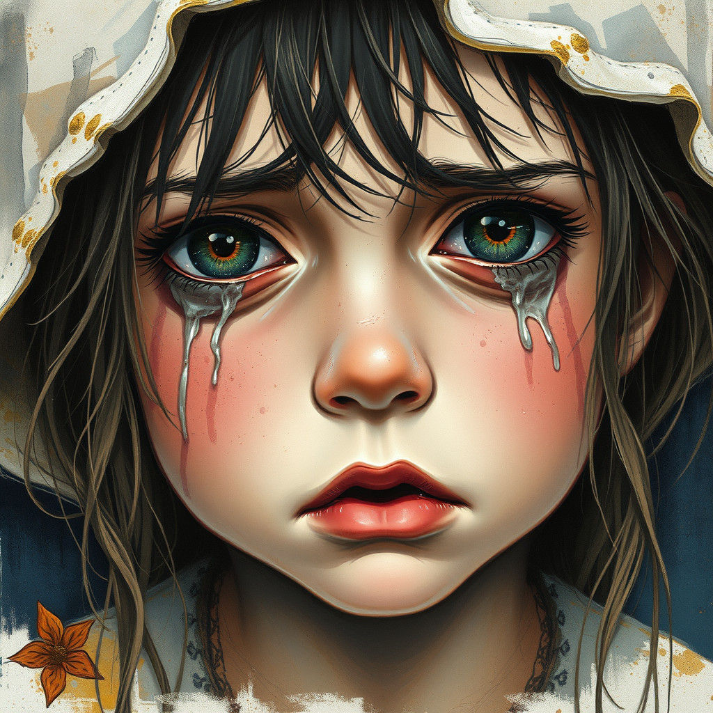 Young Girl's Tear-Stained Face in Emotional, Watercolor-Insp...