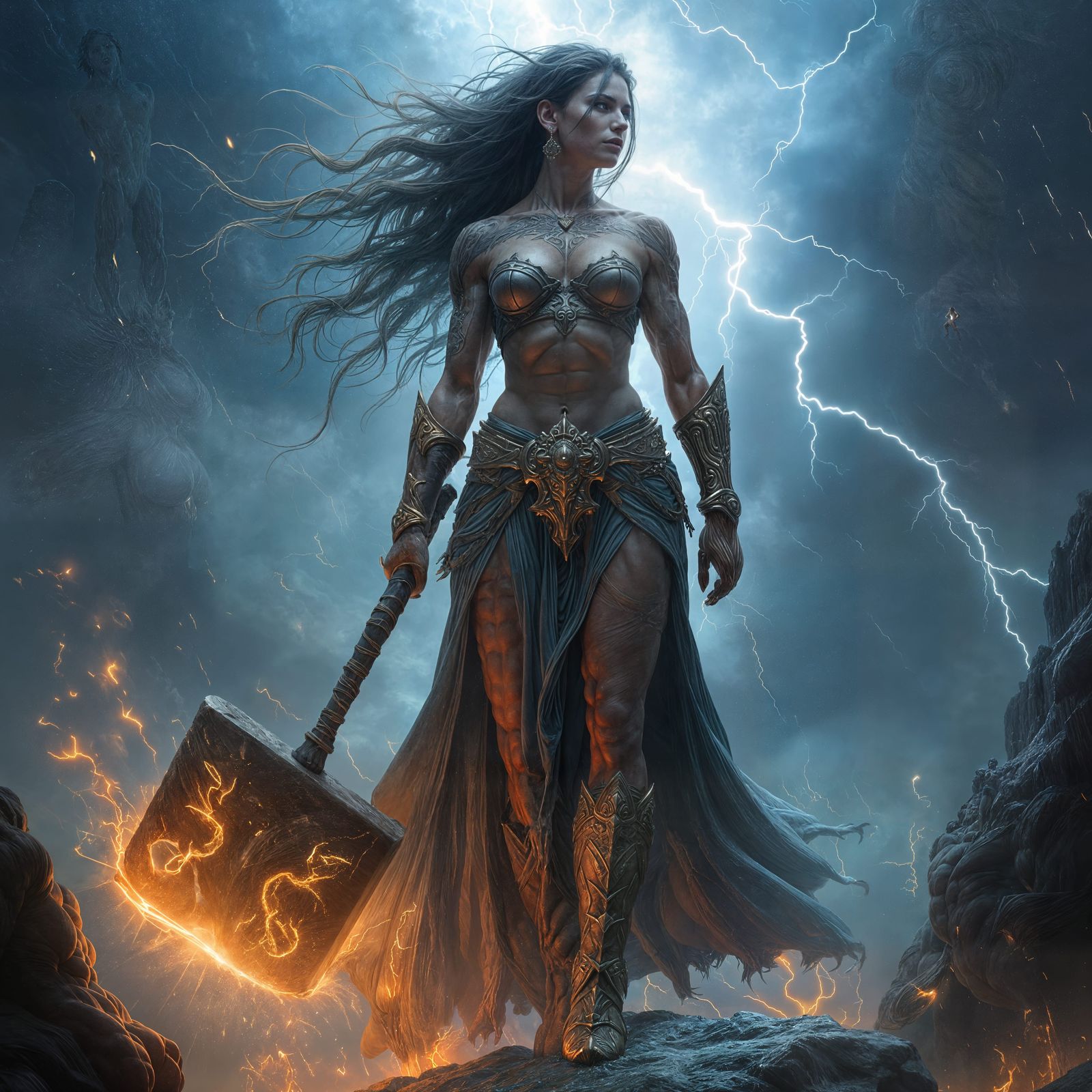 Statuesque Warrior Goddess in Raging Storm