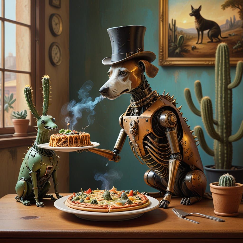 Surreal Oil Painting of Whimsical Scene with Cactus, Robot,....