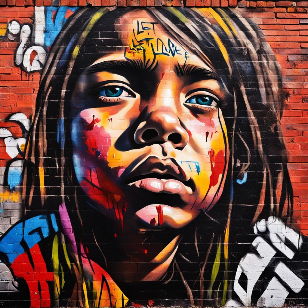 Emotional Graffiti Mural of Girl with Bleeding Heart