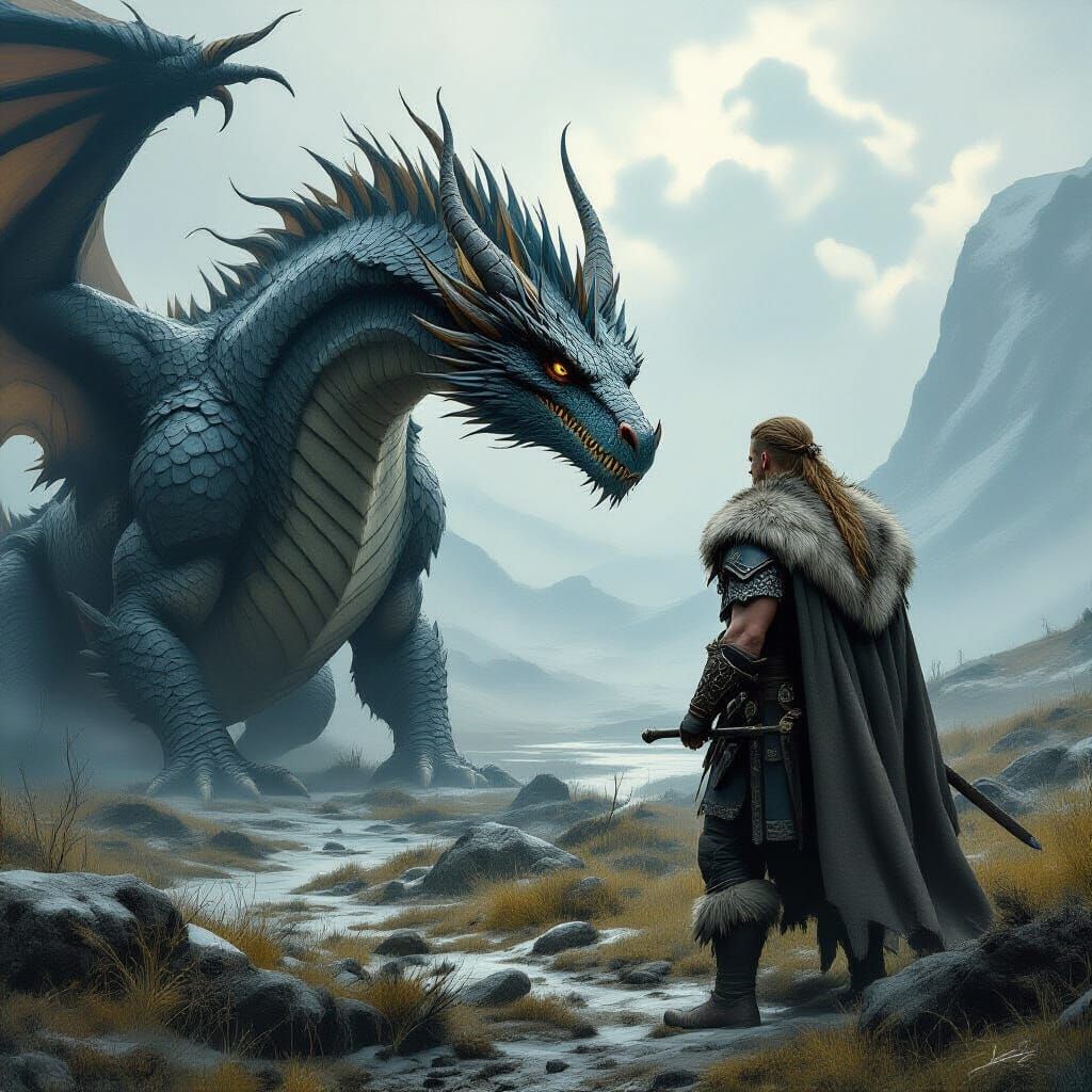 Viking Warrior Discovers Dragon in Mystical Nordic Landscape