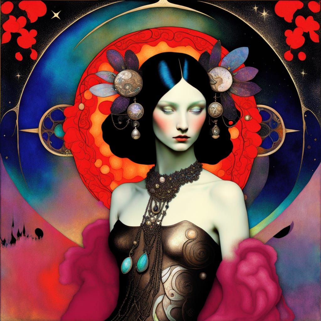 Mechanical Oracle in Misty Glade with Neon Accents