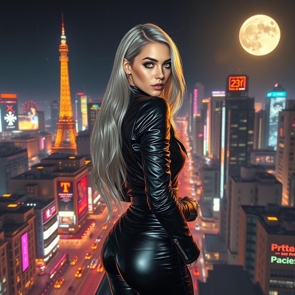 Cyberpunk Woman on Rooftop in Futuristic City