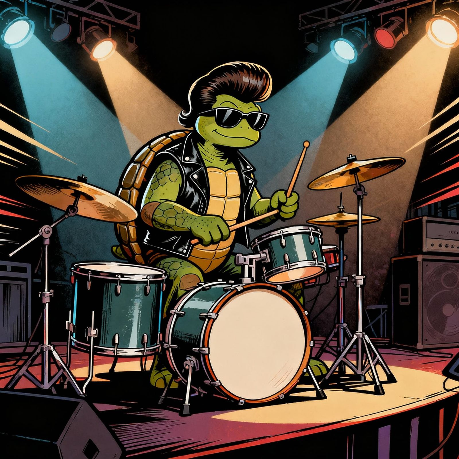 Cartoon Turtle Rocks Drum Solo in 70s Style