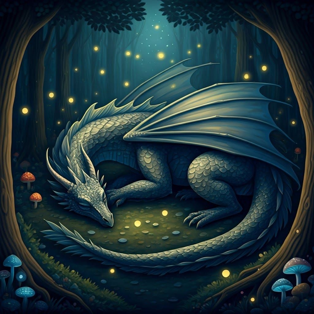 Sleeping Dragon in Enchanted Forest, Dreamlike Watercolor