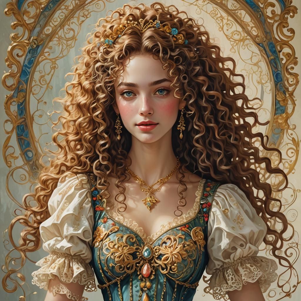 Whimsical Girl with Baroque Necklace, Art Nouveau Style