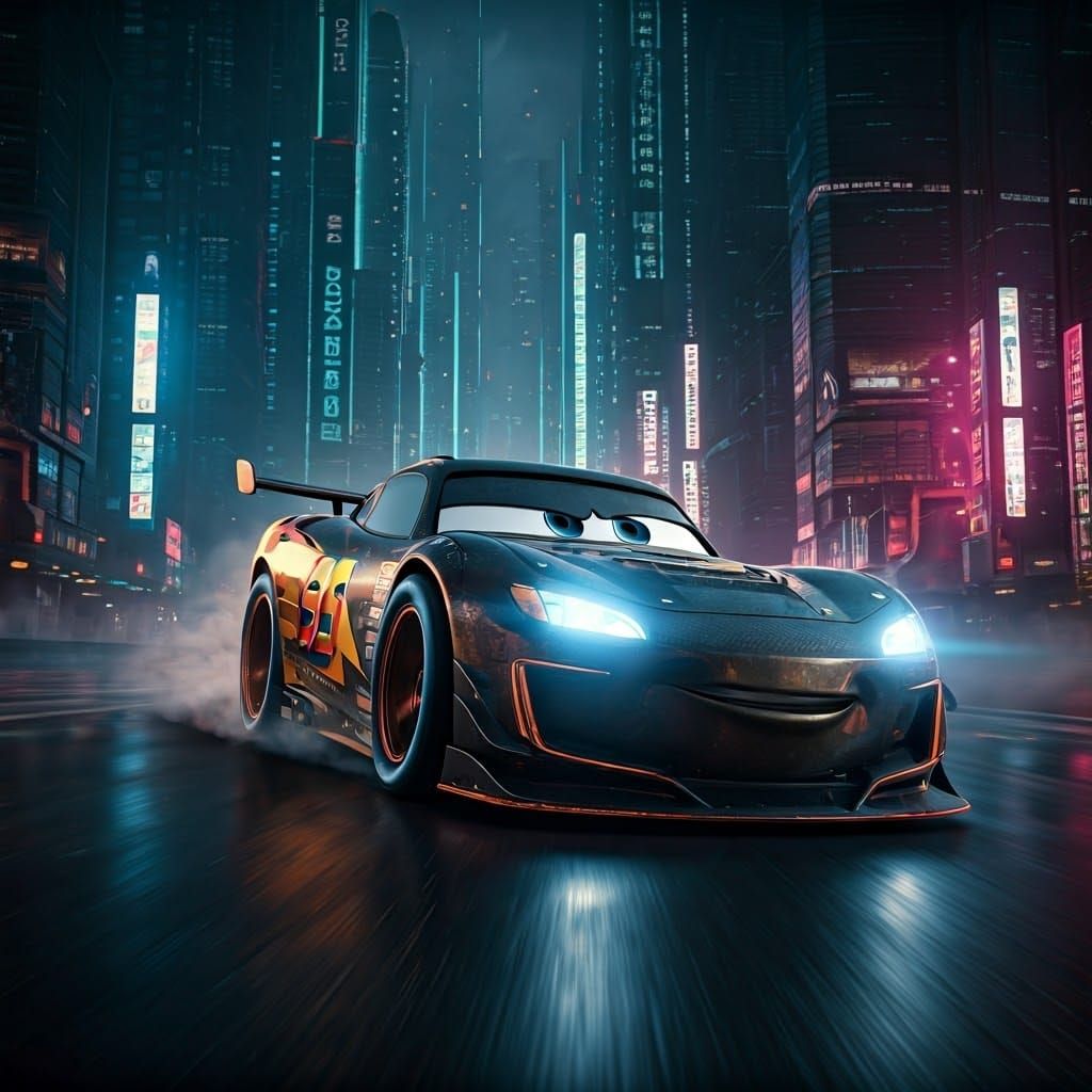 Cyberpunk Lightning McQueen in Dystopian Cityscape