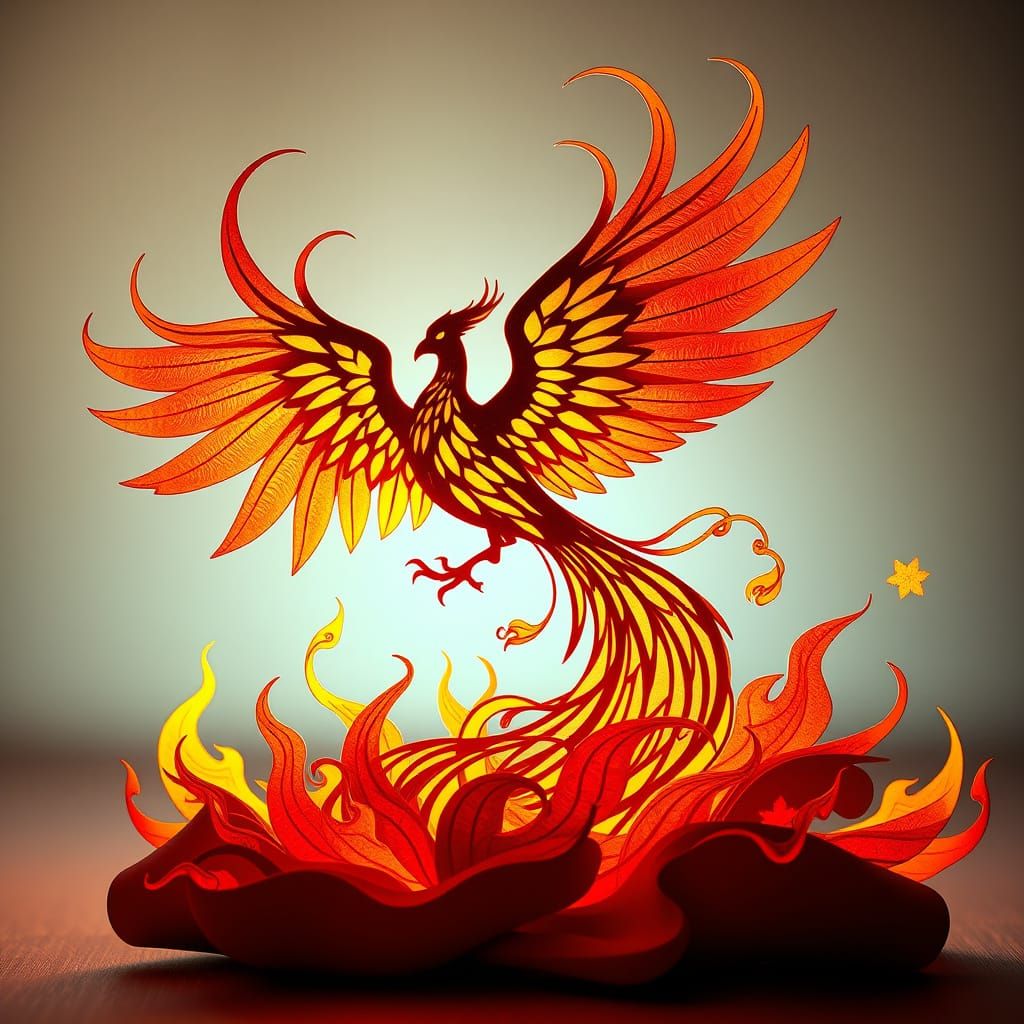 Phoenix Ascending in Fiery Papercraft Art