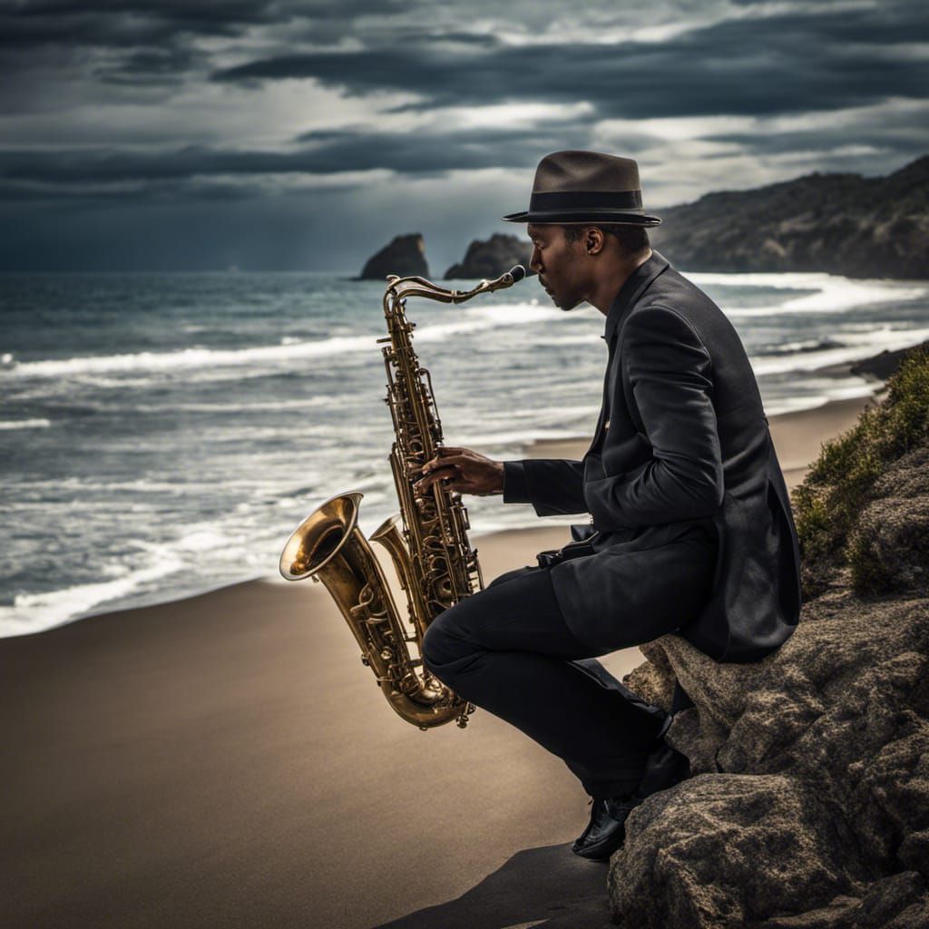 Saxophone Player by the Ocean in Hyperrealistic Style