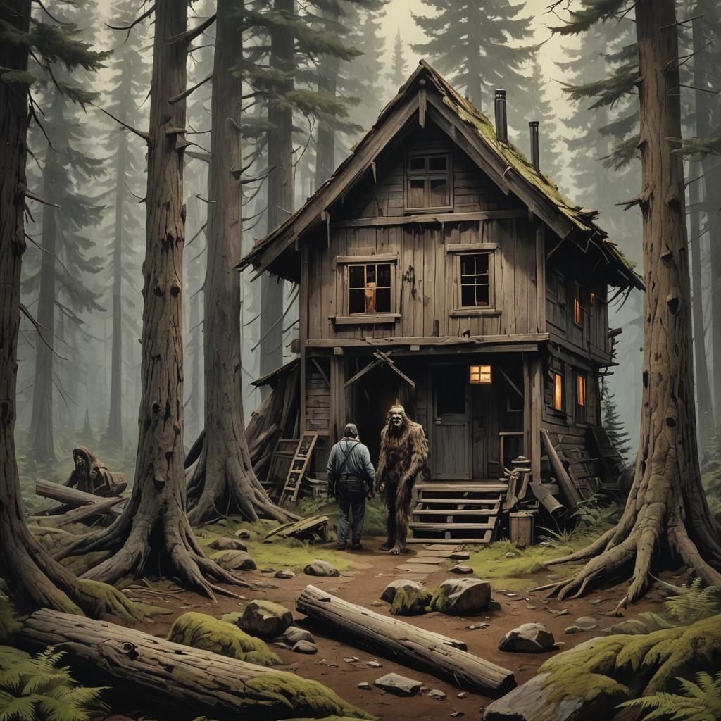 Sinister Bigfoot Research Cabin in Horror Style