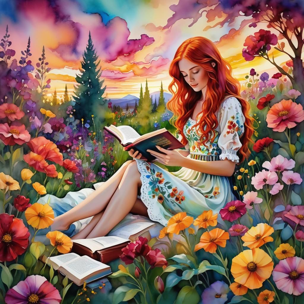 Girl Reading in Sunrise Garden, Alcohol Ink Style