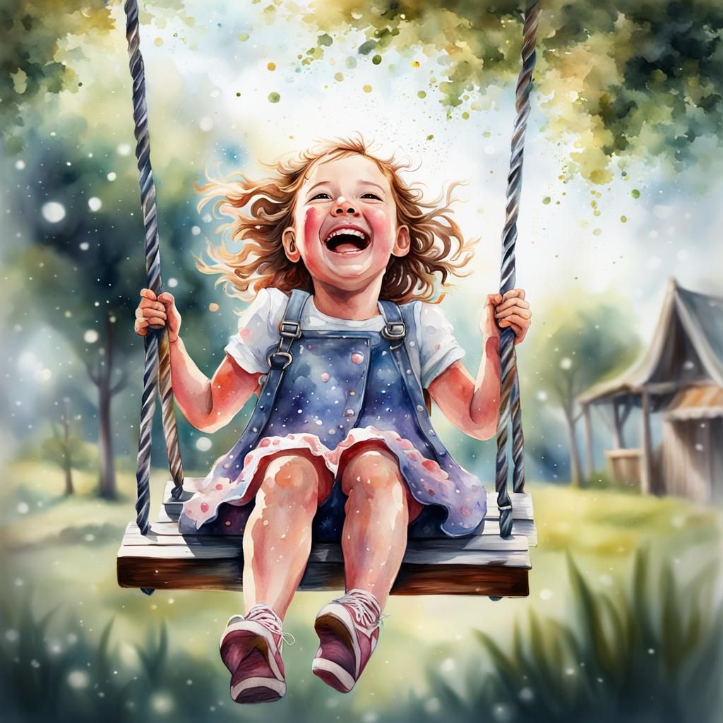 Girl on Swing: Watercolor Art with Spring Light