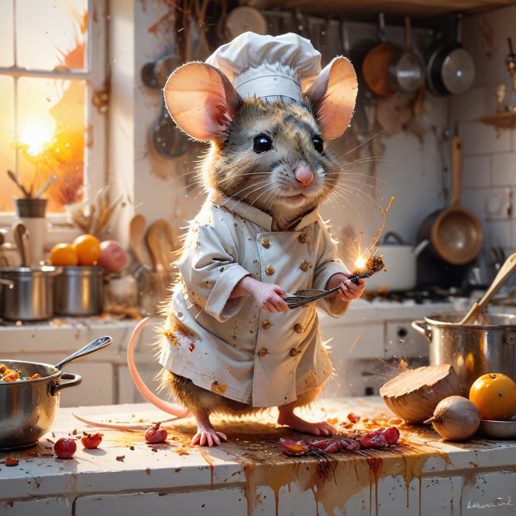 Mouse Chef in Kitchen: Watercolour Sunset Scene