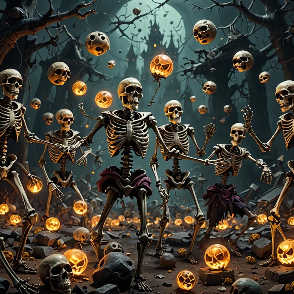 Skeletons Juggling Skulls in Detailed Matte Painting