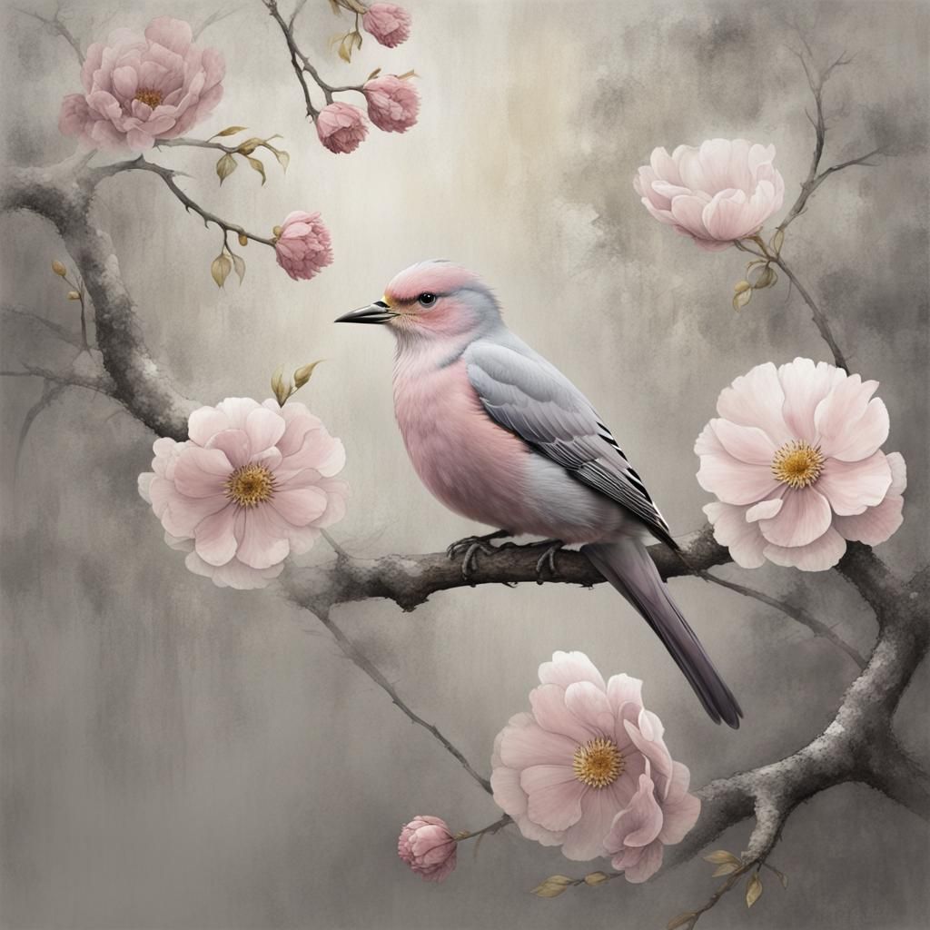 Ethereal Watercolour Bird on Branch with Gold