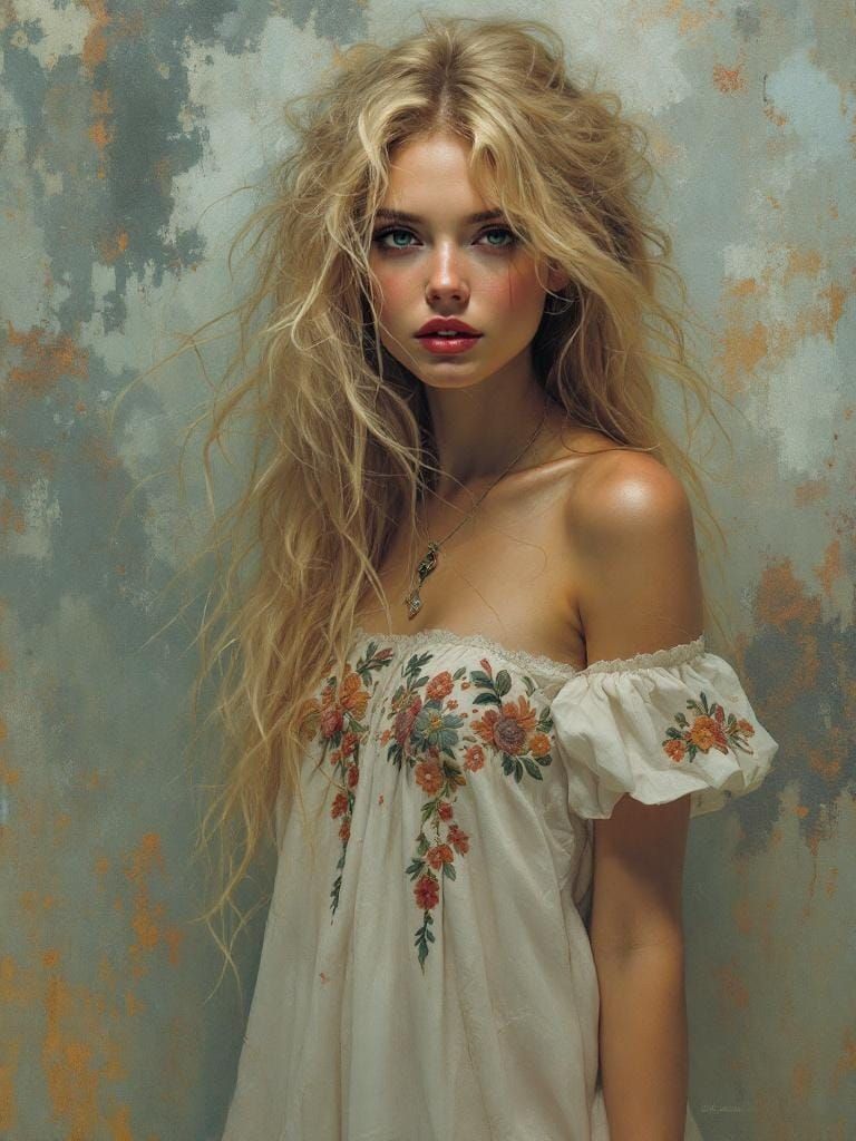 Woman in Embroidered Dress, Art Nouveau Style