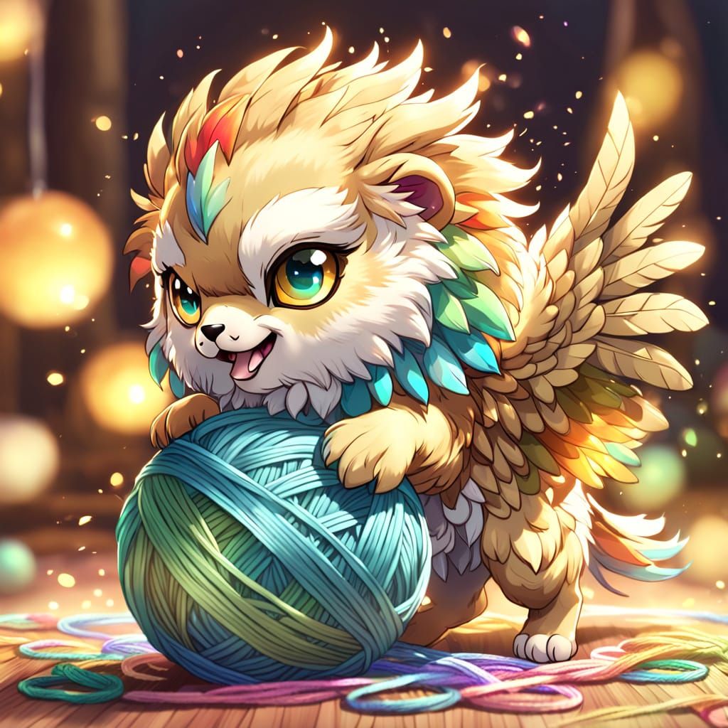 Adorable Chibi Griffin Pouncing on Yarn in Pastel Rainbow Li...